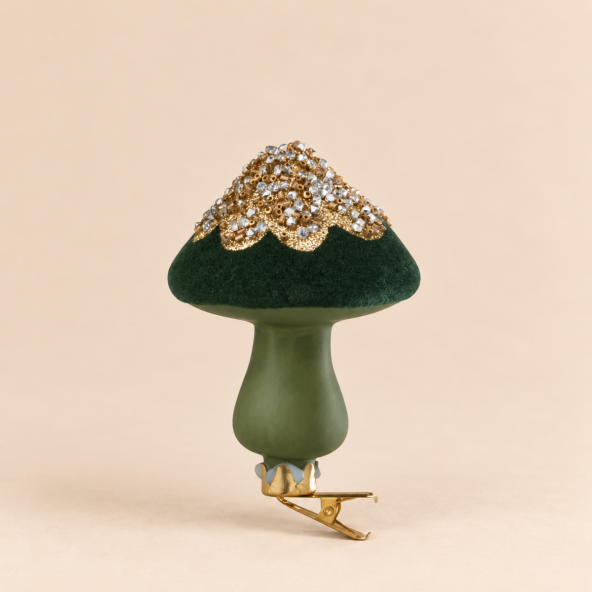 Fungo Decorativo in Velluto con Clip Verde e Oro 6 x 10 cm