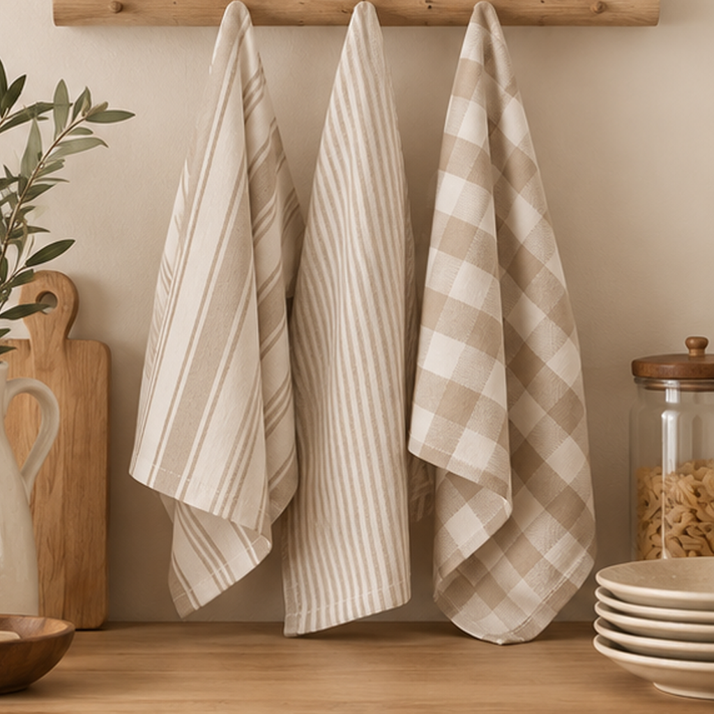 Set 3 Canovacci da Cucina Beige in Cotone 50 x 70 cm