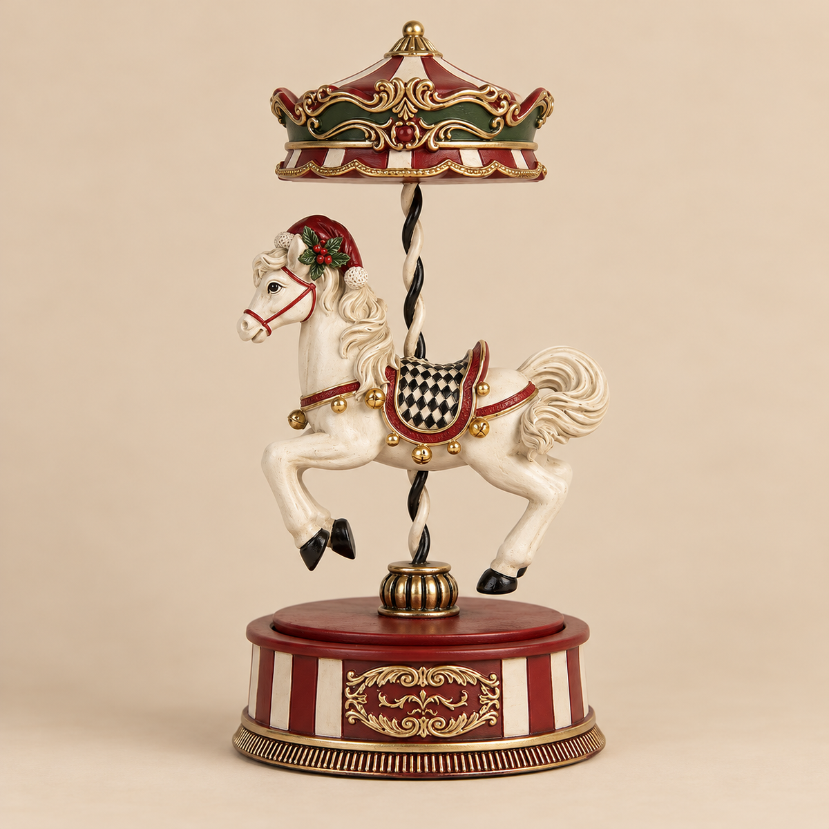 Carillon Natalizio Decorativo con Cavallo a Giostra Bianco e Bordeaux con Dettagli Oro 12 x H24 cm