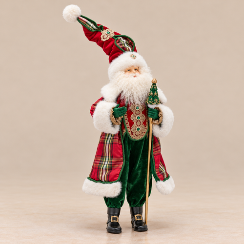 Babbo Natale Decorativo EDG con Scettro in Velluto Verde e Rosso con Dettagli Oroh.98cm
