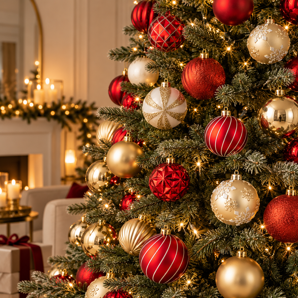 Set 30 Sfere di Natale in PVC Rosso e Oro con Finiture Assortite