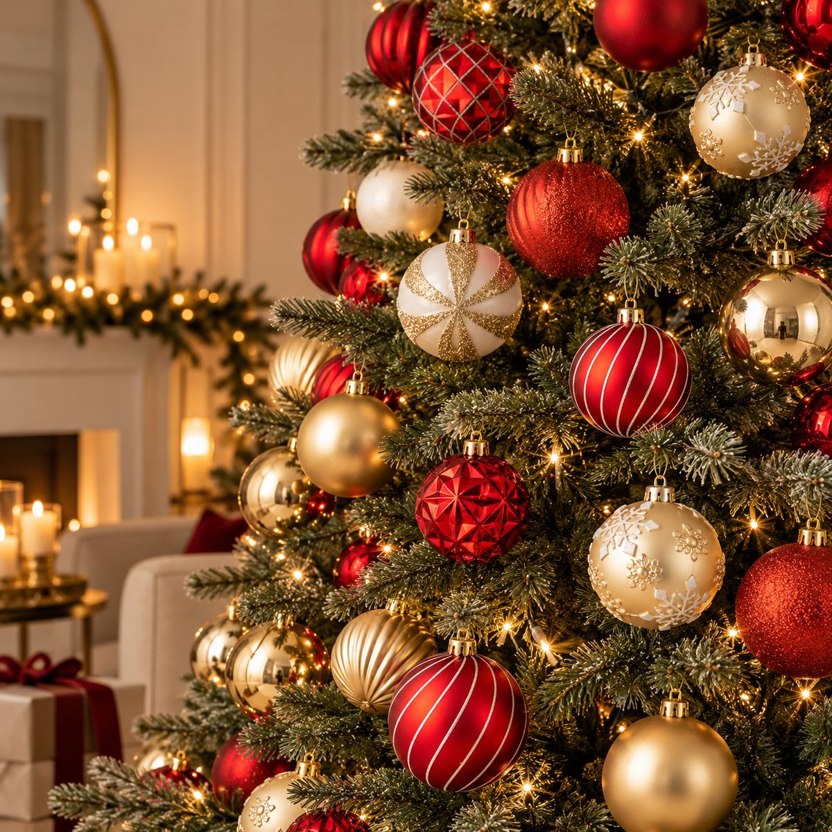 Set 30 Sfere di Natale in PVC Rosso e Oro con Finiture Assortite