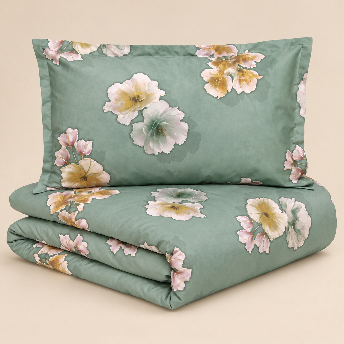 Parure Copripiumino Matrimoniale CAREZZA Salvia Tessitura Randi Collezione Bloom in Raso di Puro Cotone 300 T.C. Verde Salvia Floreale – 250 x 270 cm