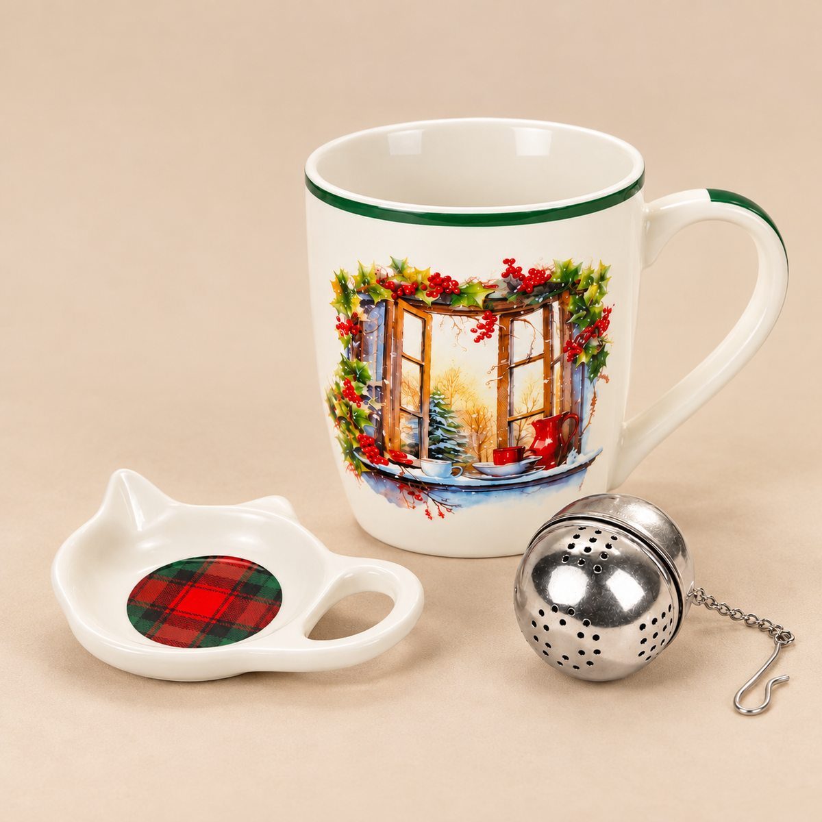 Tazza Natalizia in Ceramica con Infusore e Piattino – Decoro Finestra Invernale con Agrifoglio – 350 ml