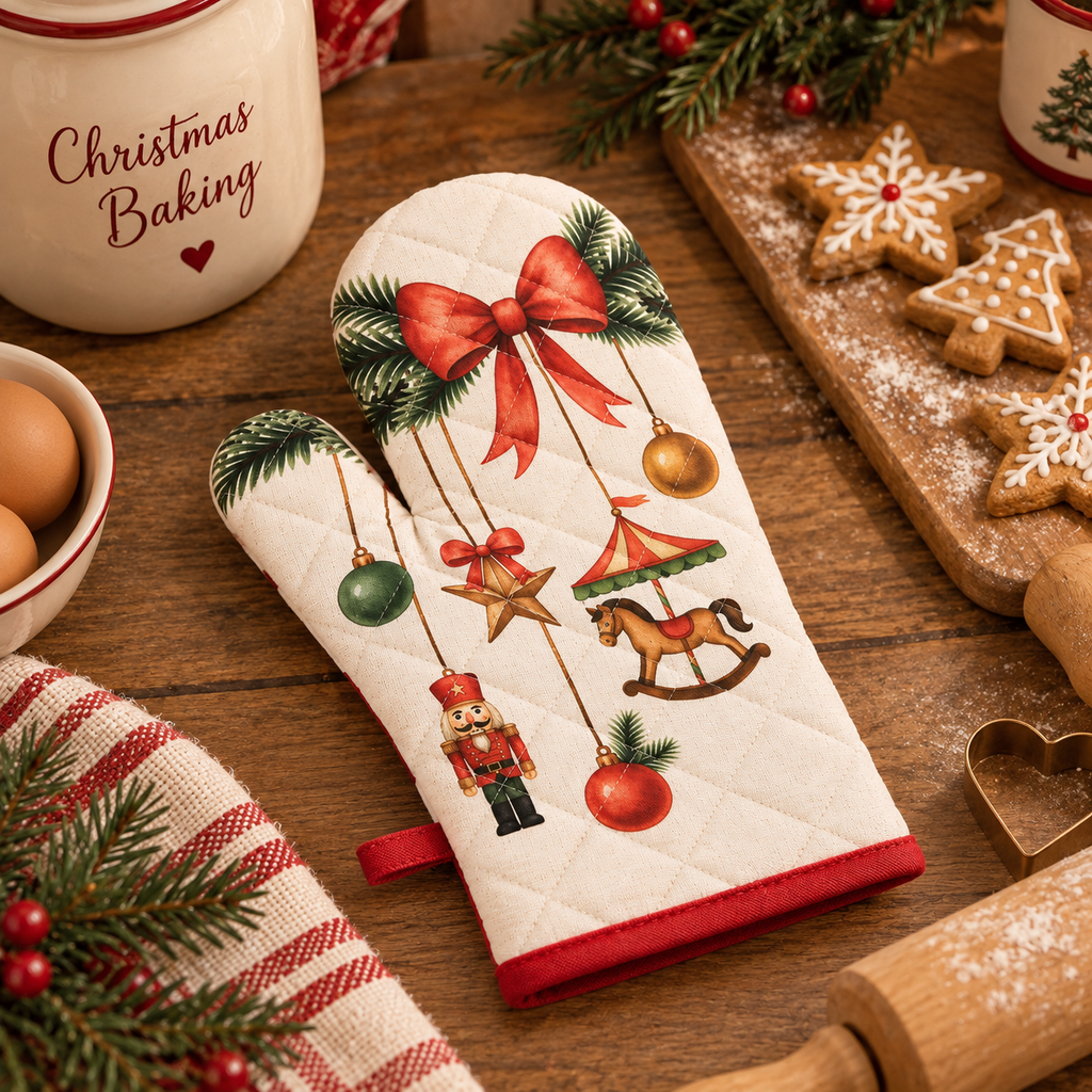 Guanto da Forno Natalizio Christmas Carousel Double Face in Cotone con Cavallo a Dondolo, Fiocchi Rossi e Addobbi 18 x 30 cm