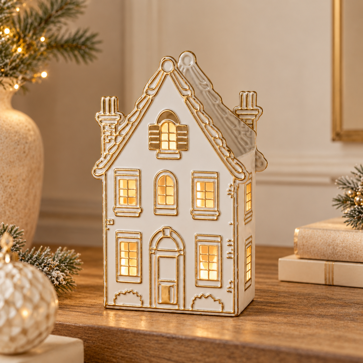 Portacandela Natalizio Casetta Bianca e Oro in Metallo con Tetto Spiovente e Finestre – Collezione Villaggio di Luci 19x9x30 cm