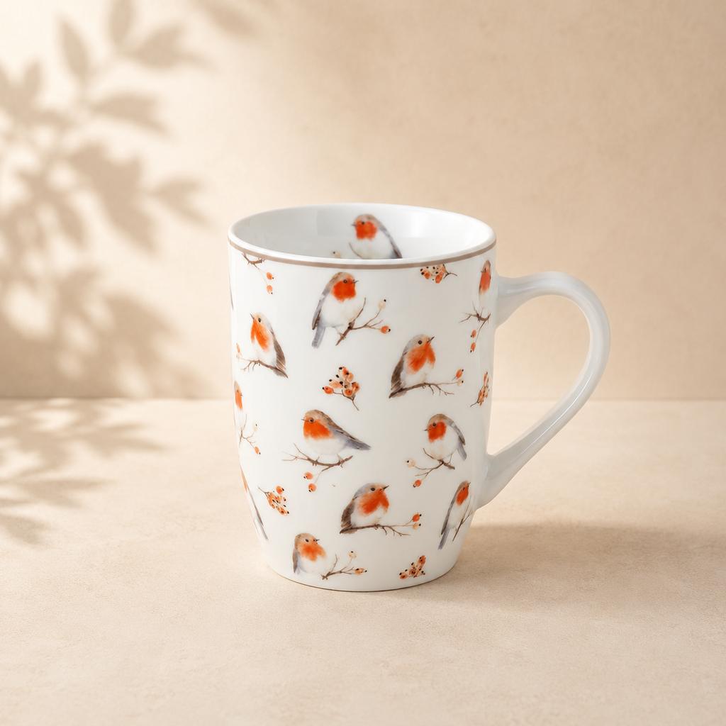 Tazza in porcellana con decoro pettirossi