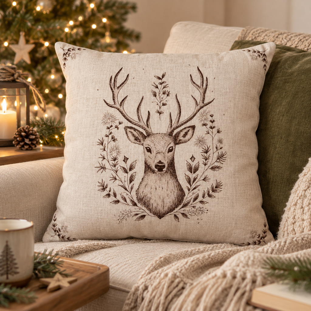 Cuscino Natalizio Winter Woodland Double Face con Cervo Beige e Marrone 45 x 45 cm