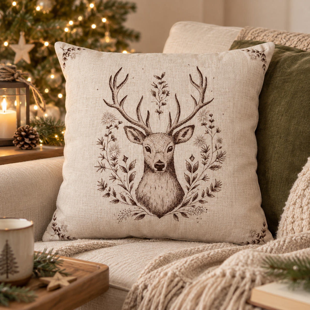 Cuscino Natalizio Winter Woodland Double Face con Cervo Beige e Marrone 45 x 45 cm
