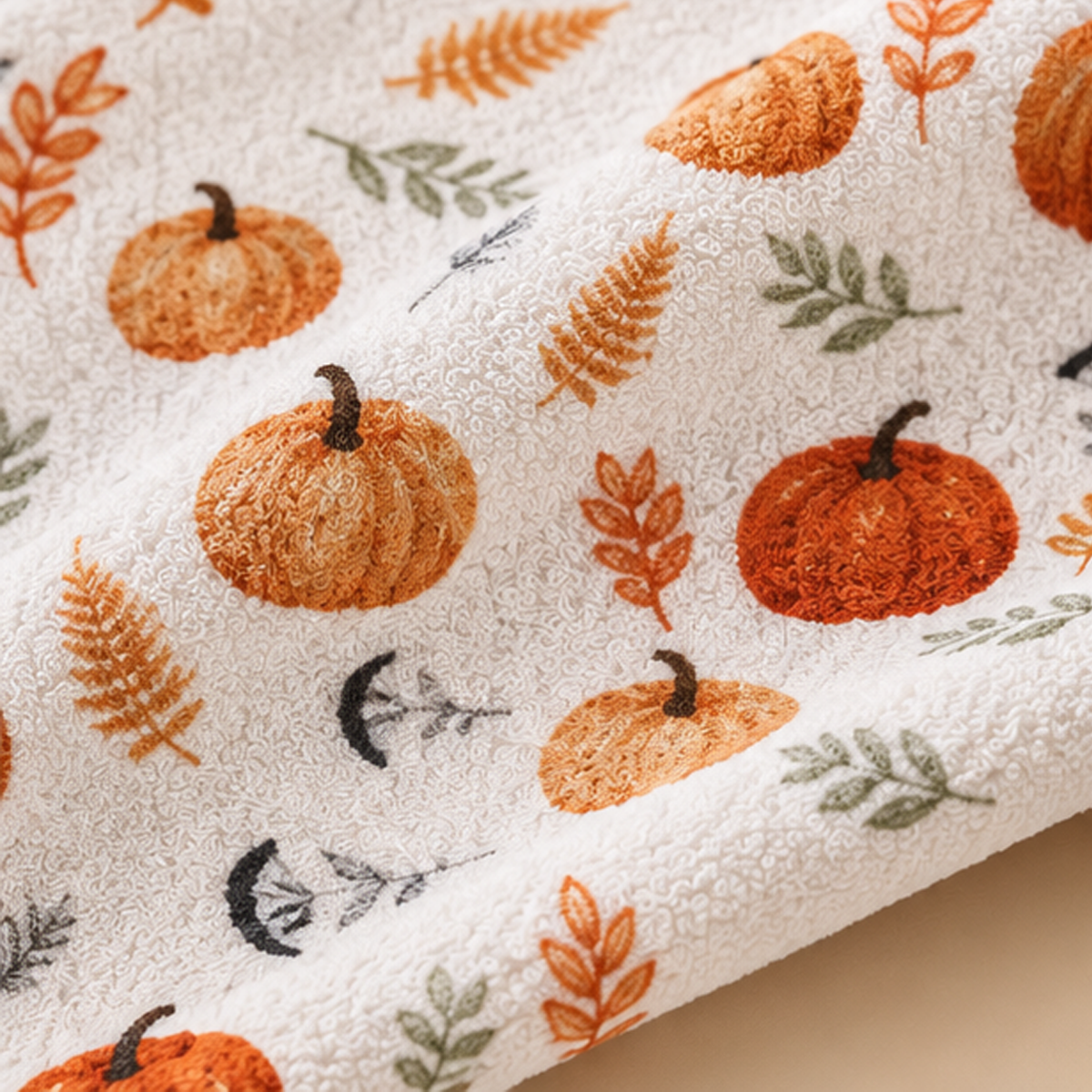 Asciugamano Ospite Autunnale Bianco in Cotone con Zucche e Foglie 40 x 66 cm