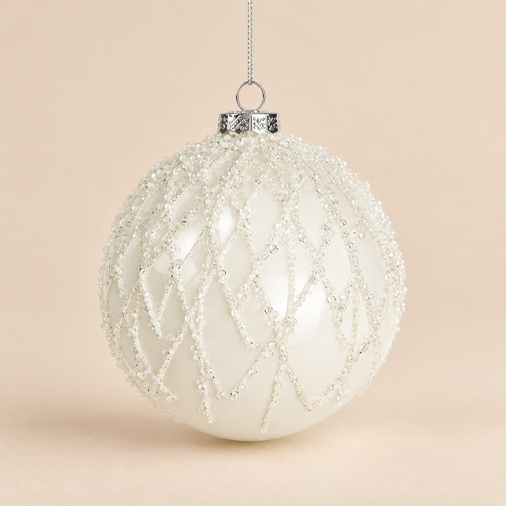 Sfera di Natale in Vetro Bianco Opaco con Decori a Rombi Effetto Ghiaccio e Glitter Argento – Ø 10 cm