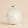 Sfera di Natale in Vetro Bianco Opaco con Decori a Rombi Effetto Ghiaccio e Glitter Argento – Ø 10 cm