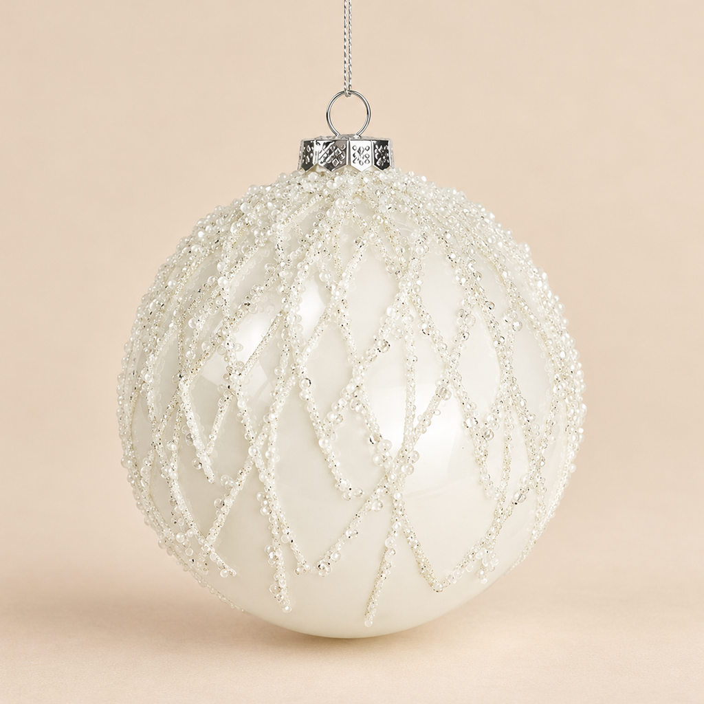 Sfera di Natale in Vetro Bianco Lucido con Decori a Rombi Effetto Ghiaccio e Glitter Argento – Ø 12 cm