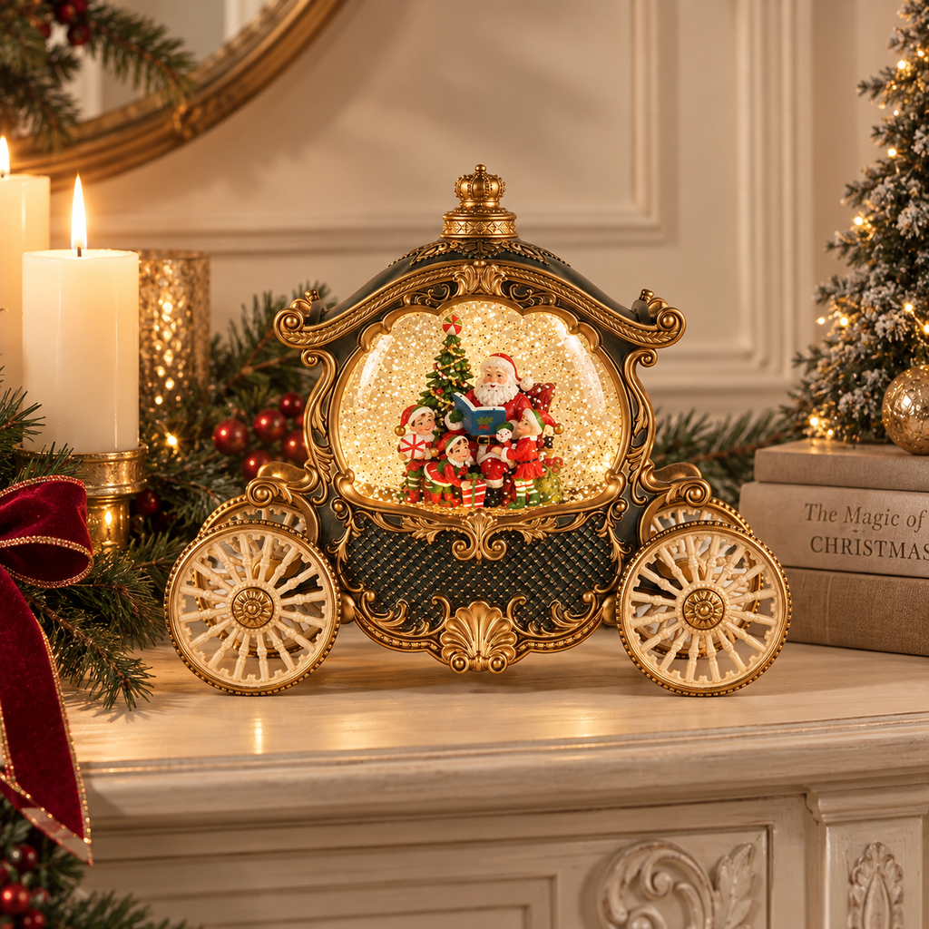 Carillon Natalizio Carrozza con Babbo Natale ed Elfi, Luci LED e Musica 26 x 11 x H20 cm