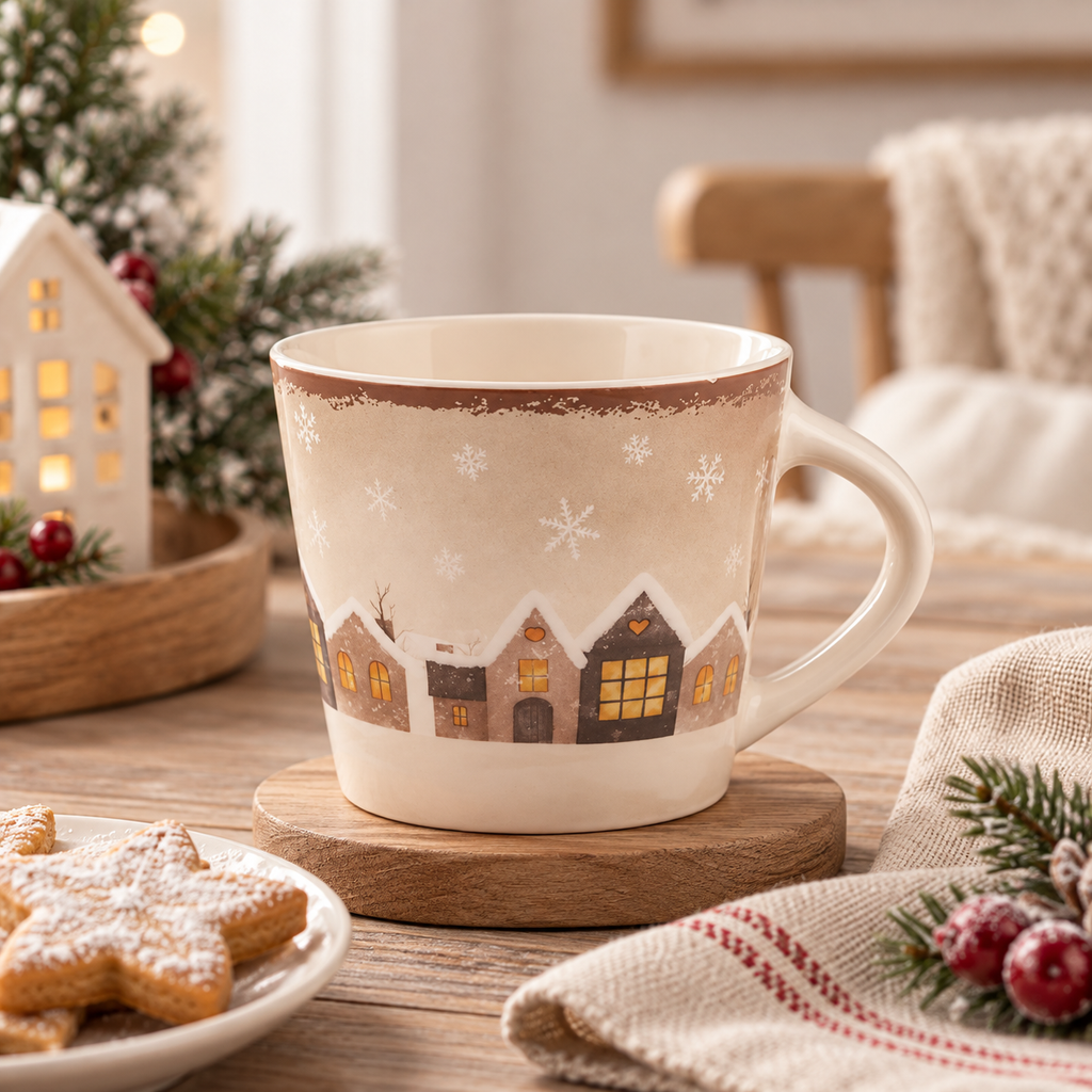 Tazza da Tè Village  – Decoro Paesaggio Invernale con Casette e Fiocchi di Neve – 280 ml