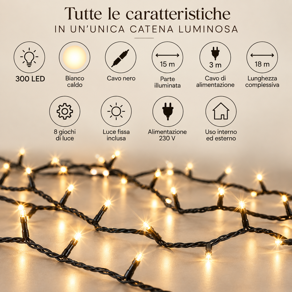 Catena Luminosa 300 LED Bianco Caldo 15 m con 8 Giochi di Luce – 230 V