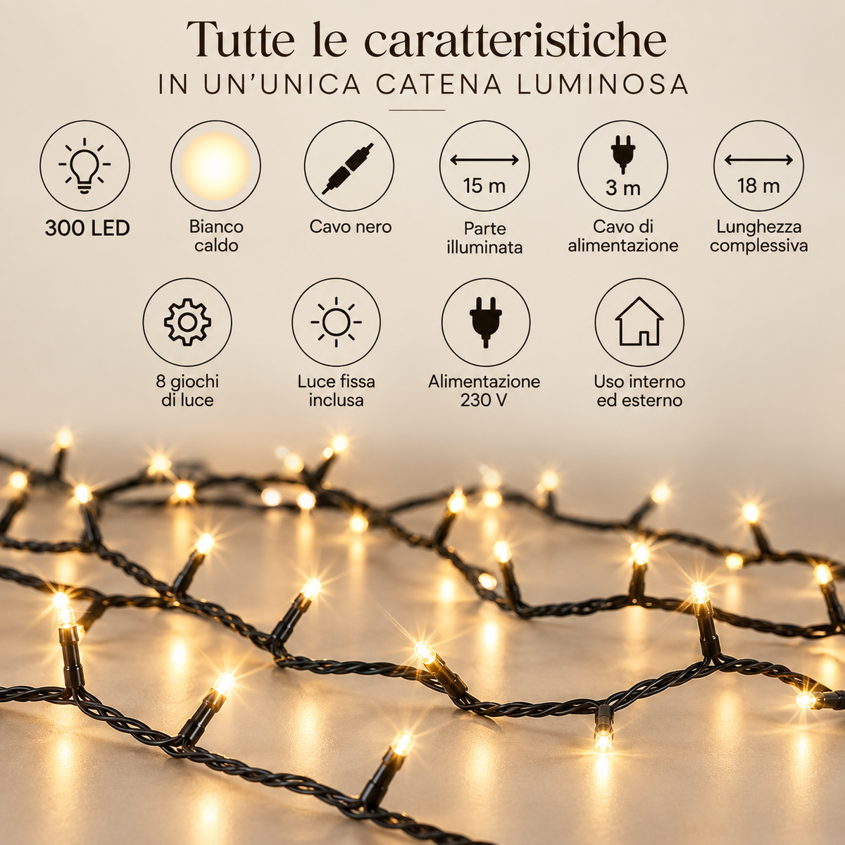 Catena Luminosa 300 LED Bianco Caldo 15 m con 8 Giochi di Luce – 230 V