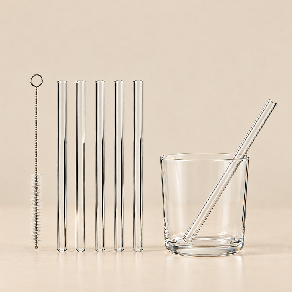 Set 6 Cannucce Riutilizzabili in Vetro Trasparente con Spazzolino per Pulizia – 15 cm