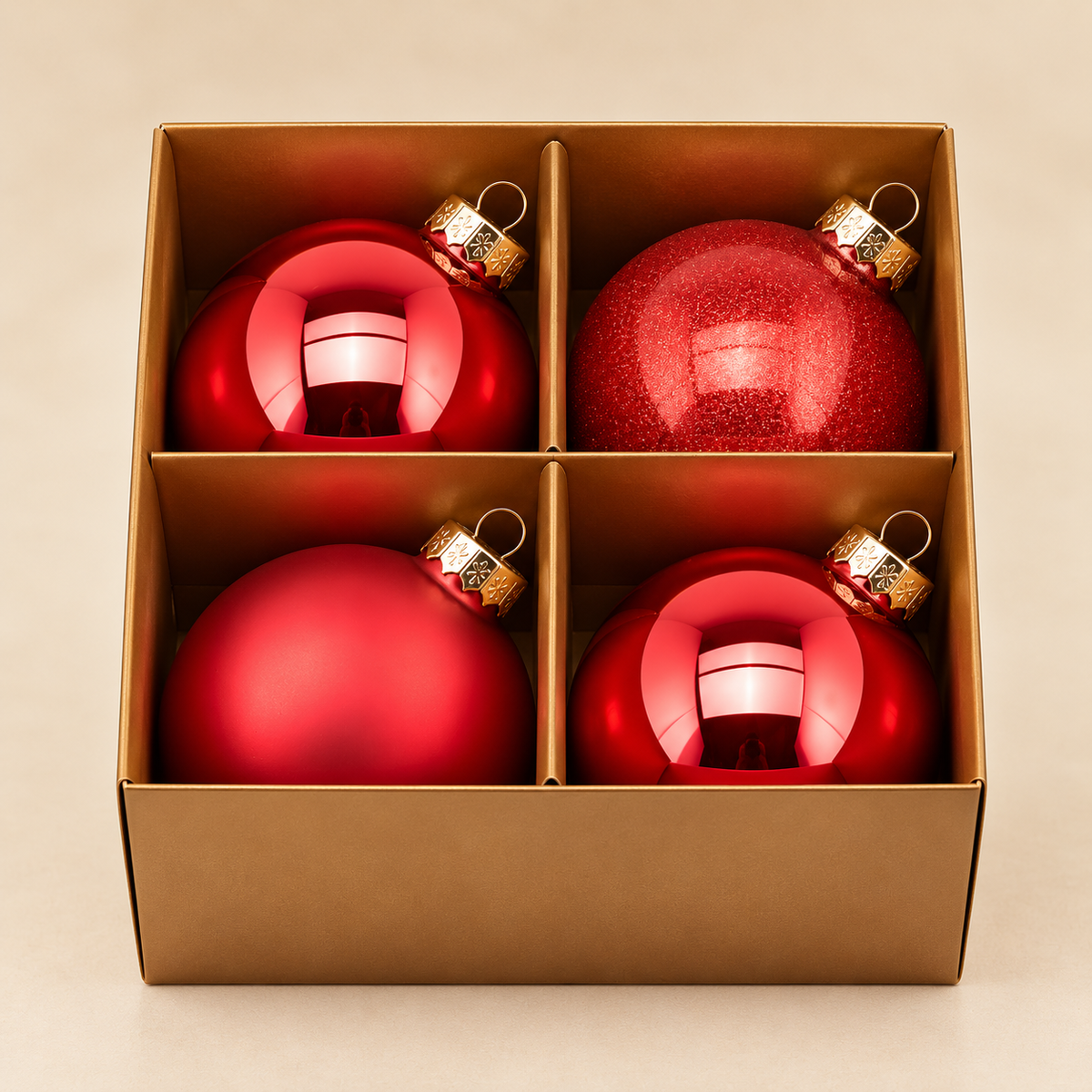 Set 4 Sfere di Natale in Vetro Rosso Lucido, Opaco e Glitterato – Ø 10 cm