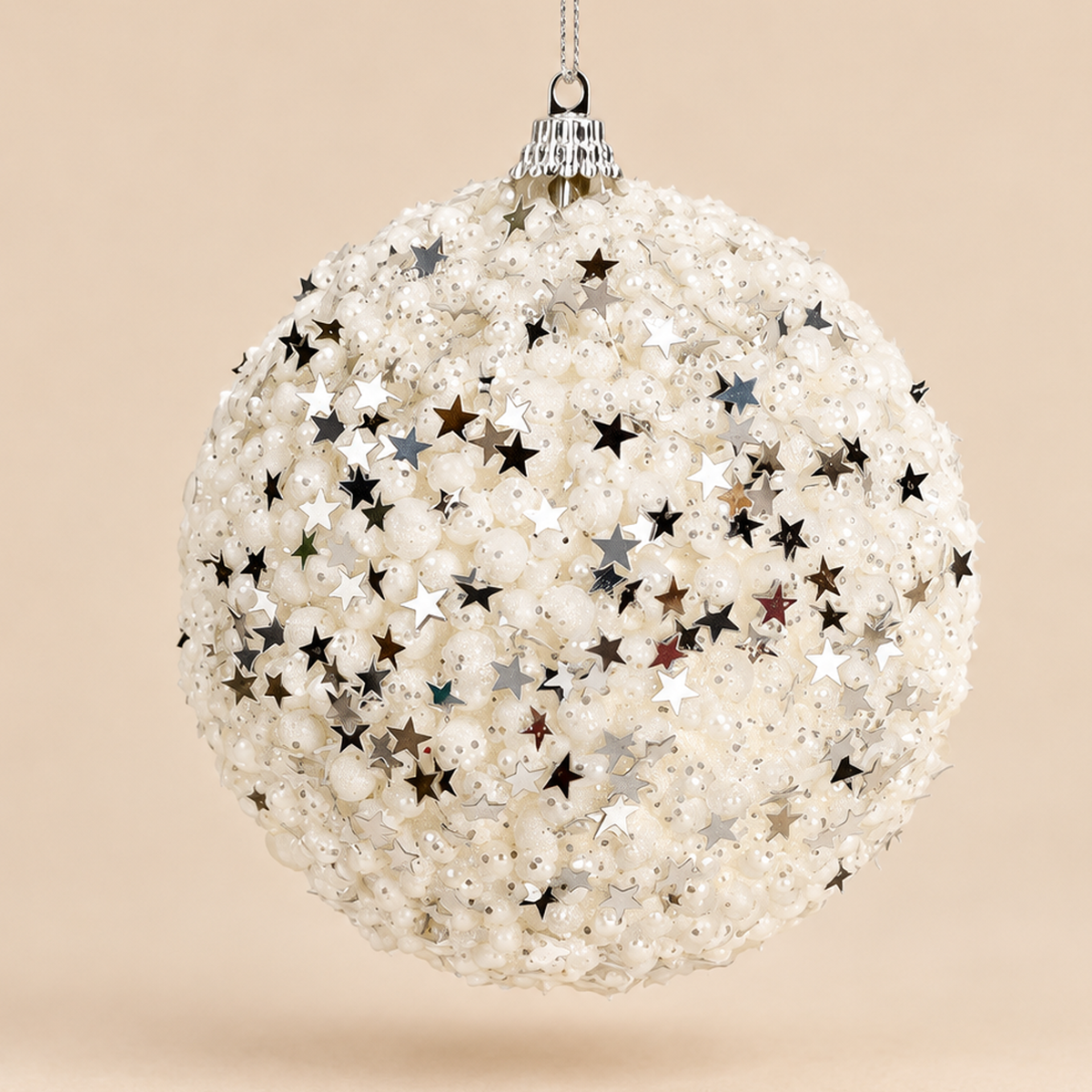 Sfera di Natale EDG in PVC Bianco con Stelle Argentate ed Effetto Neve – Ø 12 cm