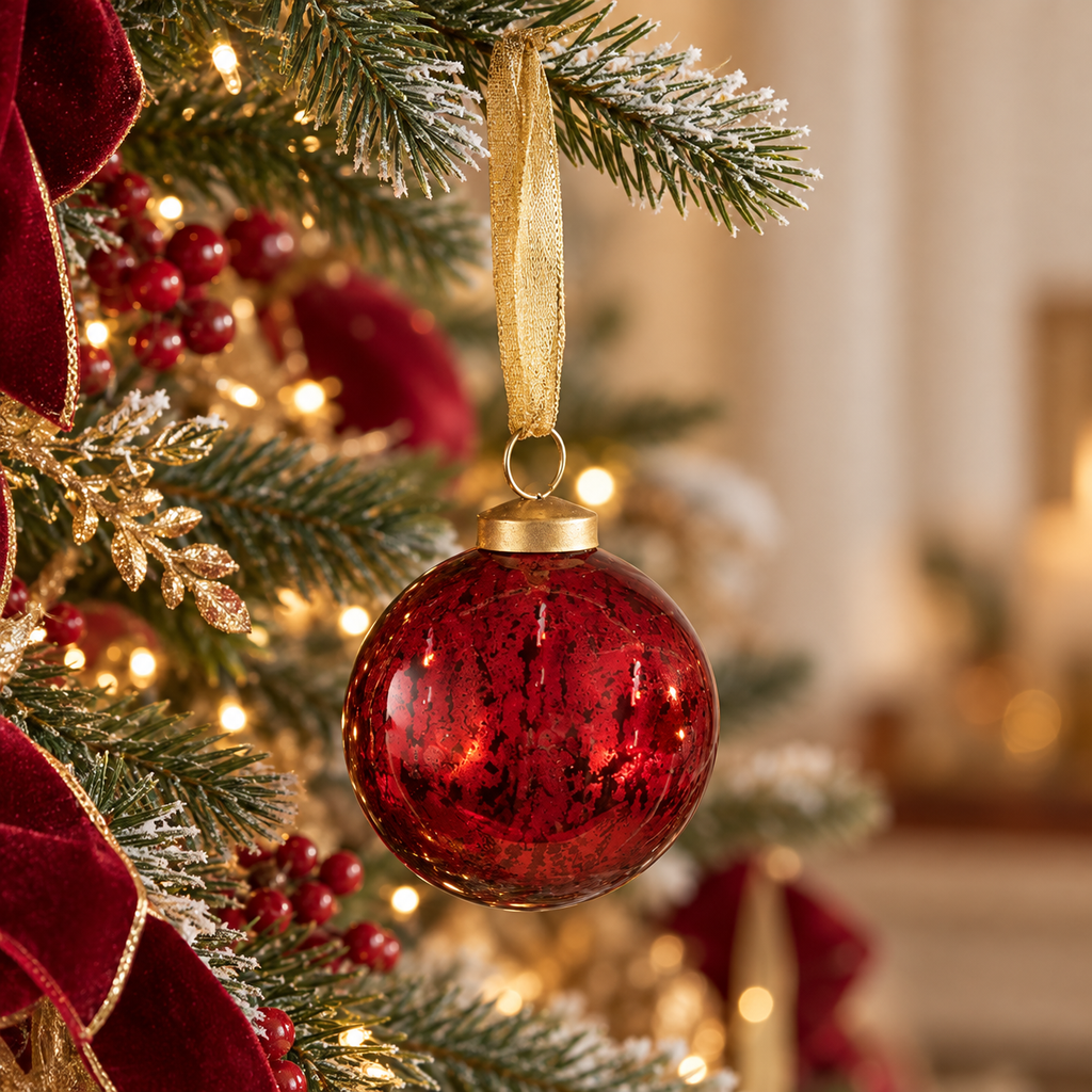Sfera di Natale in Vetro Rosso Rubino Anticato con Effetto Craquelé e Nastro Dorato – Ø 10 cm