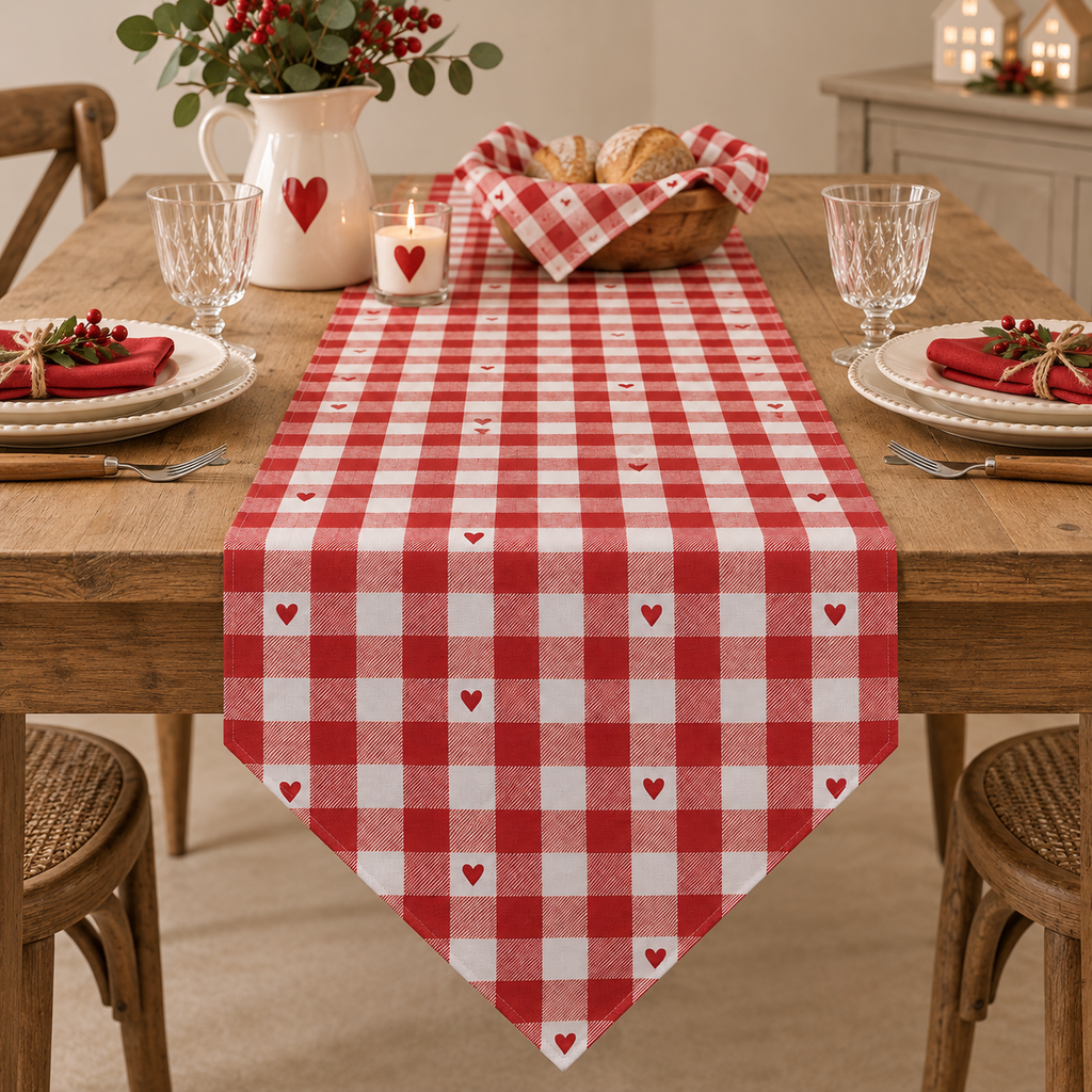 Runner da Tavola Batticuore a Quadretti Rossi e Bianchi con Cuori 50 x 160 cm