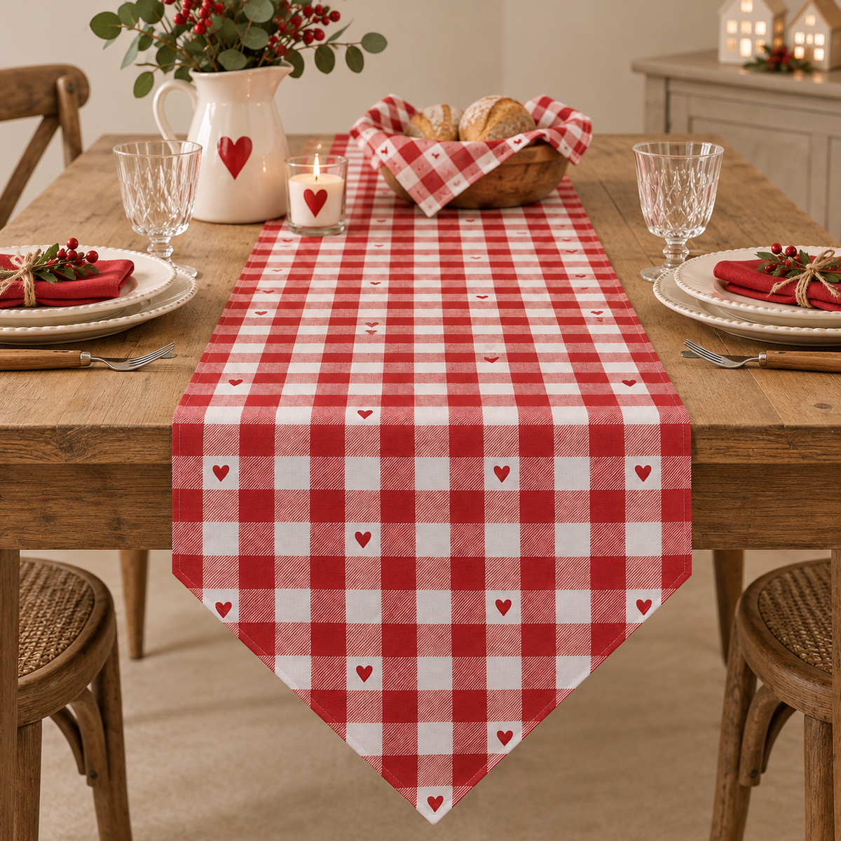 Runner da Tavola Batticuore a Quadretti Rossi e Bianchi con Cuori 50 x 160 cm