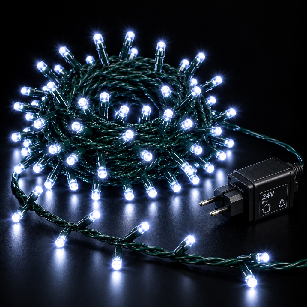 Catena Luminosa 100 LED Bianco Freddo 7 Giochi di Luce 5 m – Interno ed Esterno