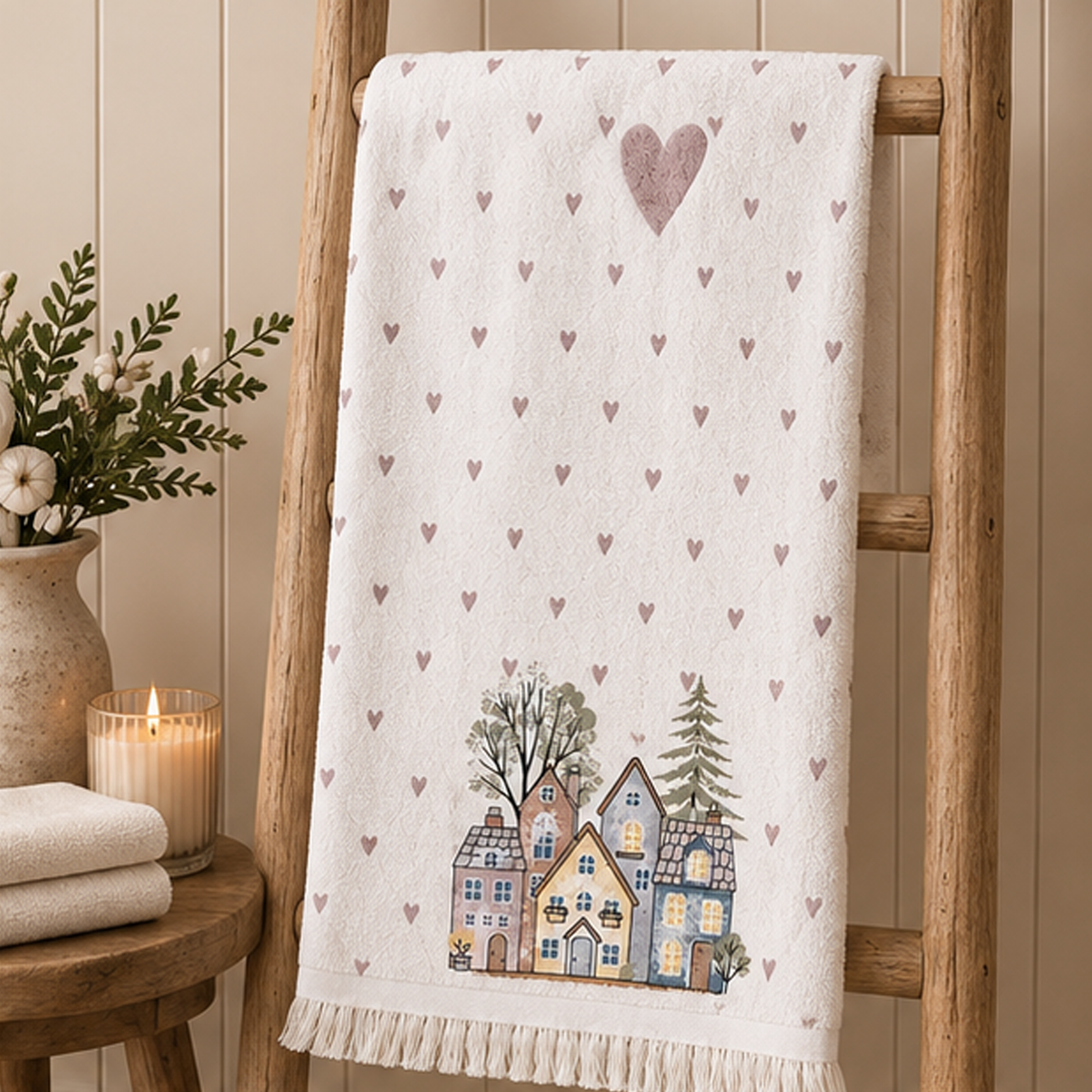 Asciugamano Ospite Bianco in Cotone con Casette Invernali e Cuoricini Rosa 40 x 66 cm