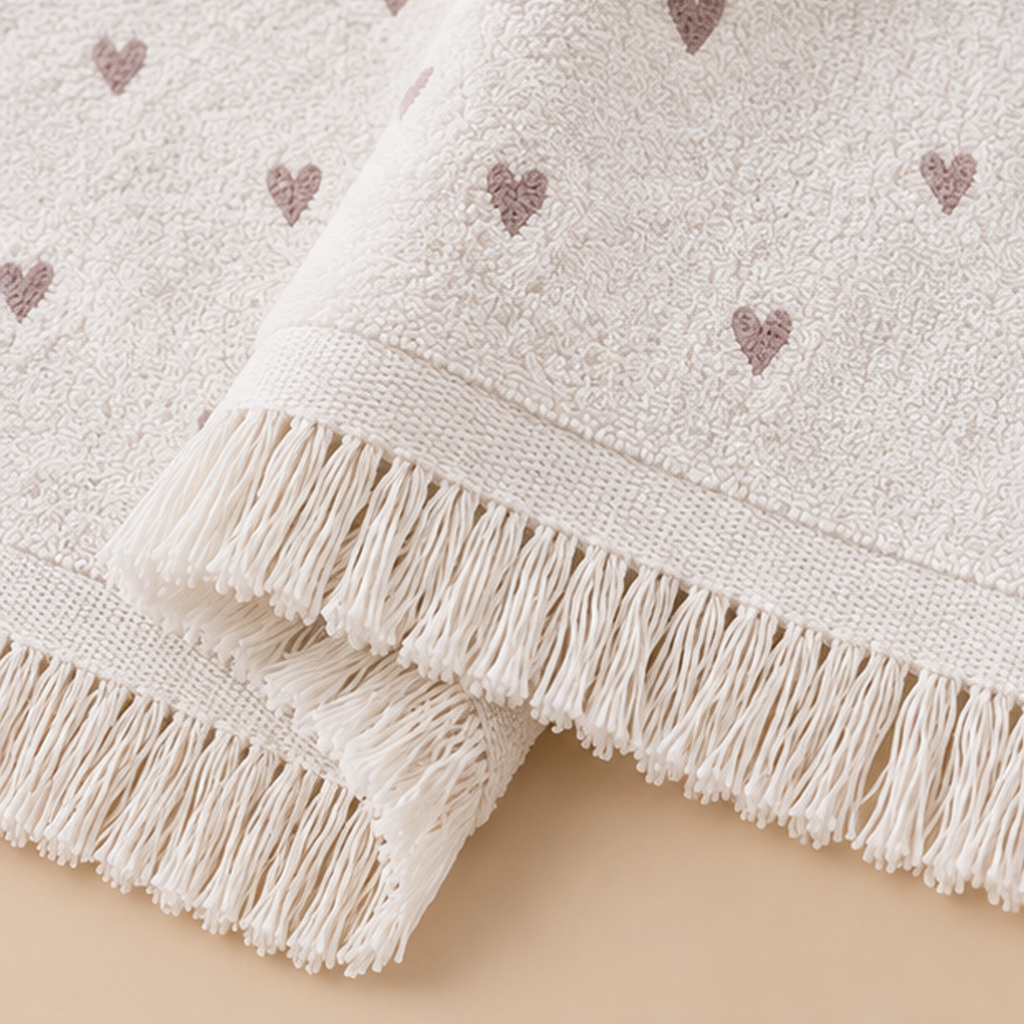Asciugamano Ospite Bianco in Cotone con Casette Invernali e Cuoricini Rosa 40 x 66 cm