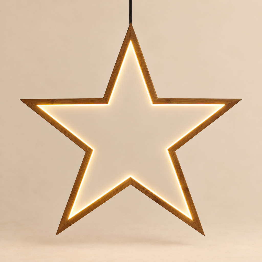 Stella Luminosa Natalizia in Legno Massello Naturale Ø 55 cm con LED Bianco Caldo 3000K – Design Light – Interno IP20