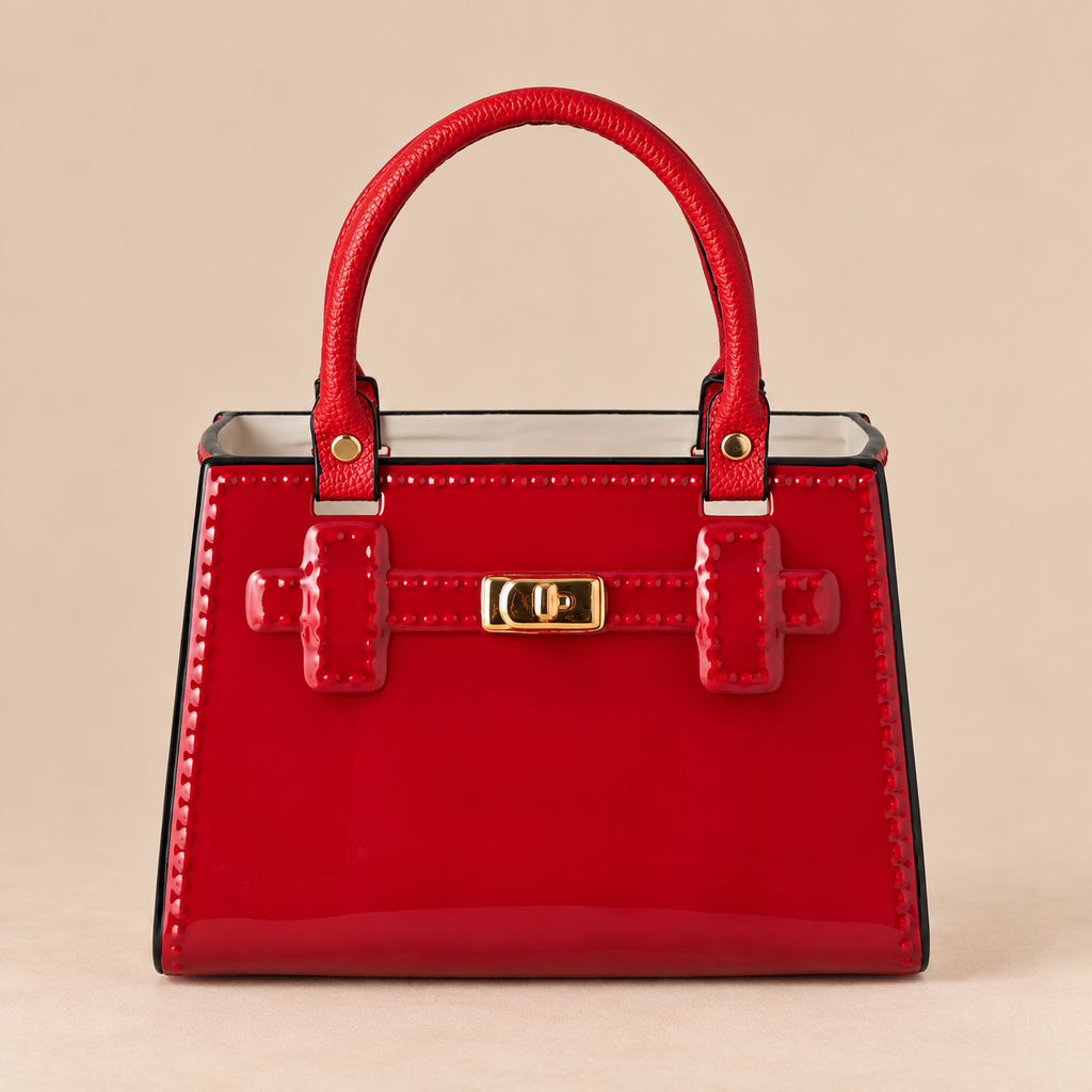 Vaso Borsa in Dolomite Rosso Lucido con Manici e Dettagli 28 cm