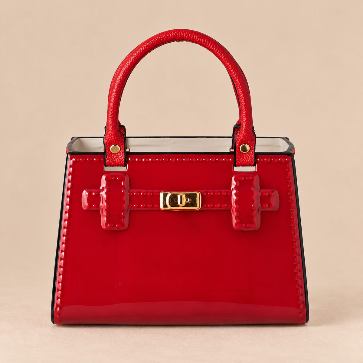 Vaso Borsa in Dolomite Rosso Lucido con Manici e Dettagli 28 cm