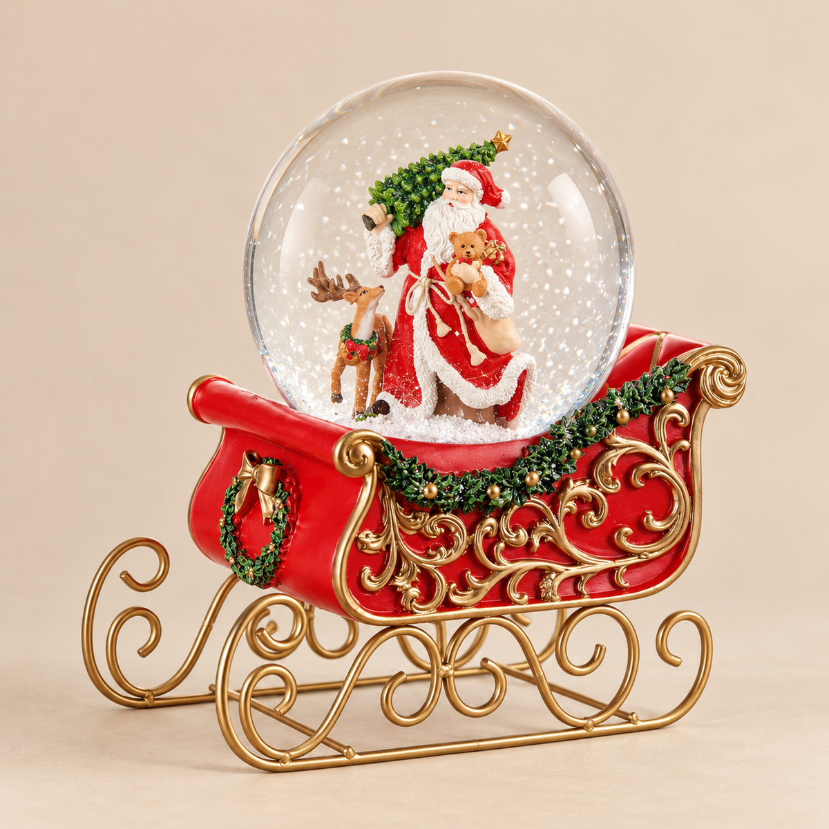 Palla di Neve Natalizia con Babbo Natale e Renna su Slitta Rossa e Oro – Collezione I Sogni dei Piccoli 17x12x20 cm