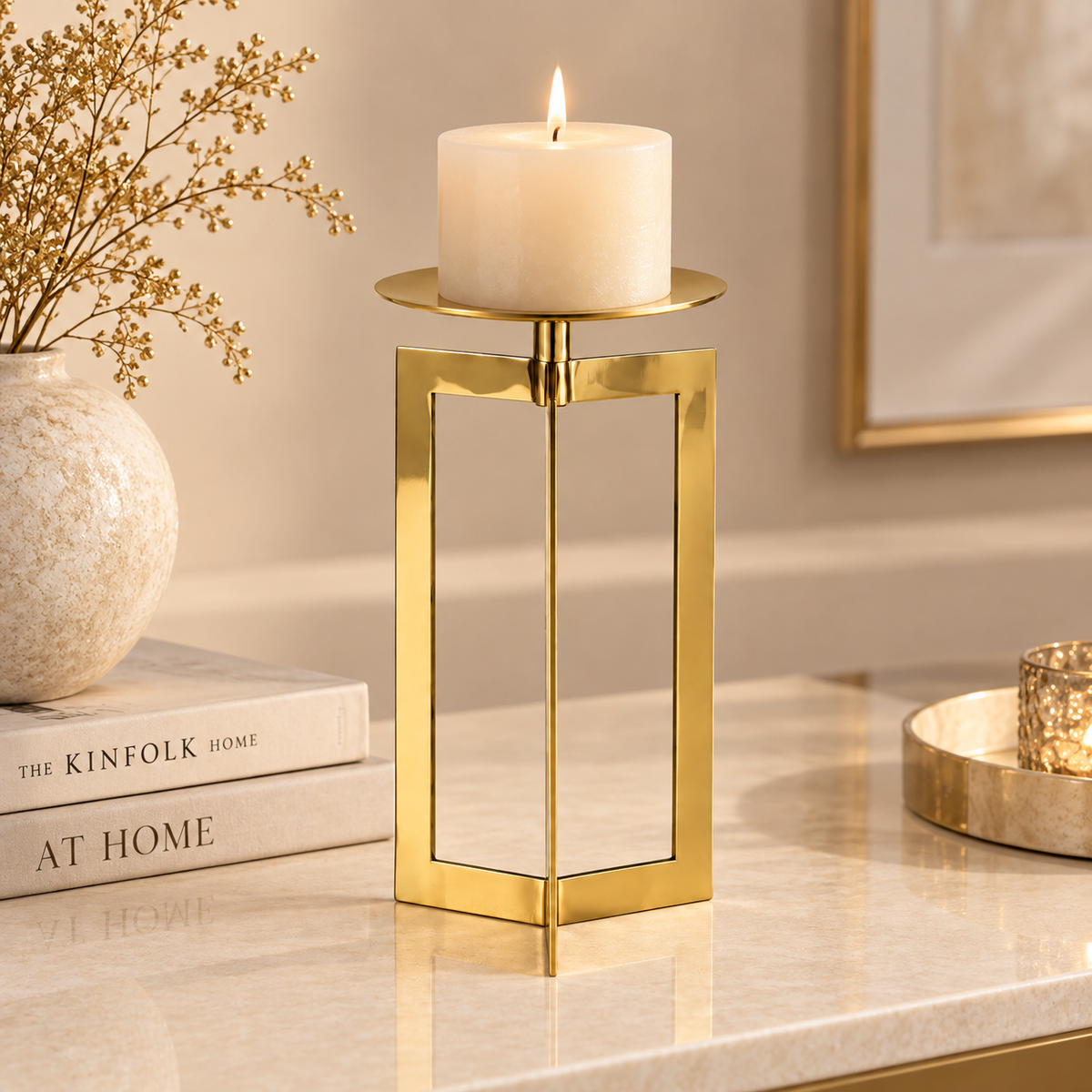Portacandela Geometrico Oro in Acciaio h.29 cm