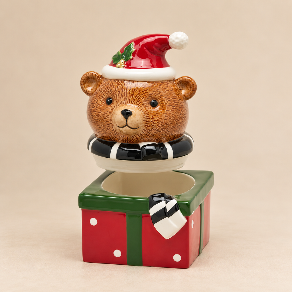 Biscottiera Natalizia Orso su Pacco Regalo in Ceramica 24 x 16,5 cm - EDG