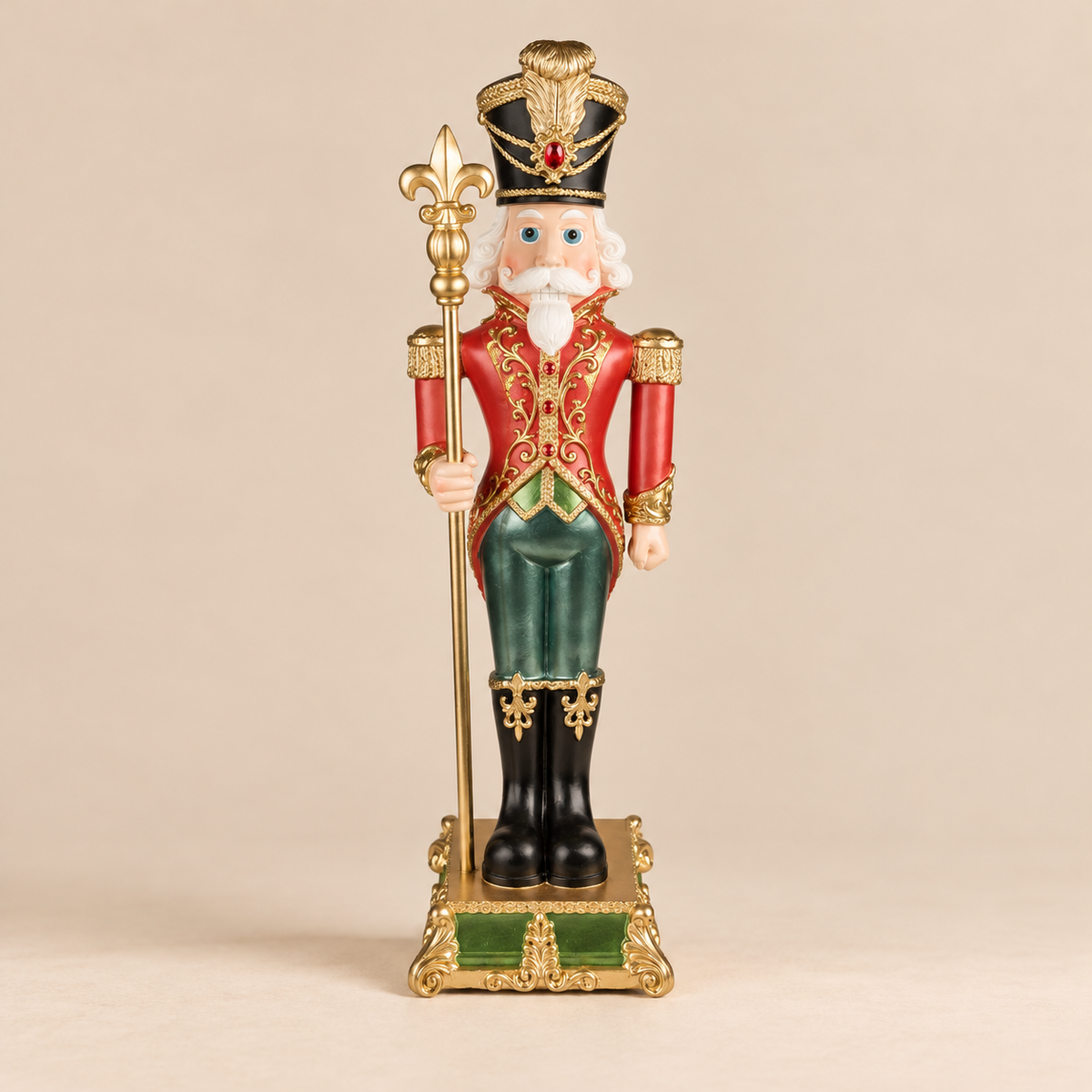 Schiaccianoci Natalizio Decorativo in Resina con Scettro Rosso Verde e Oro – H 90 cm