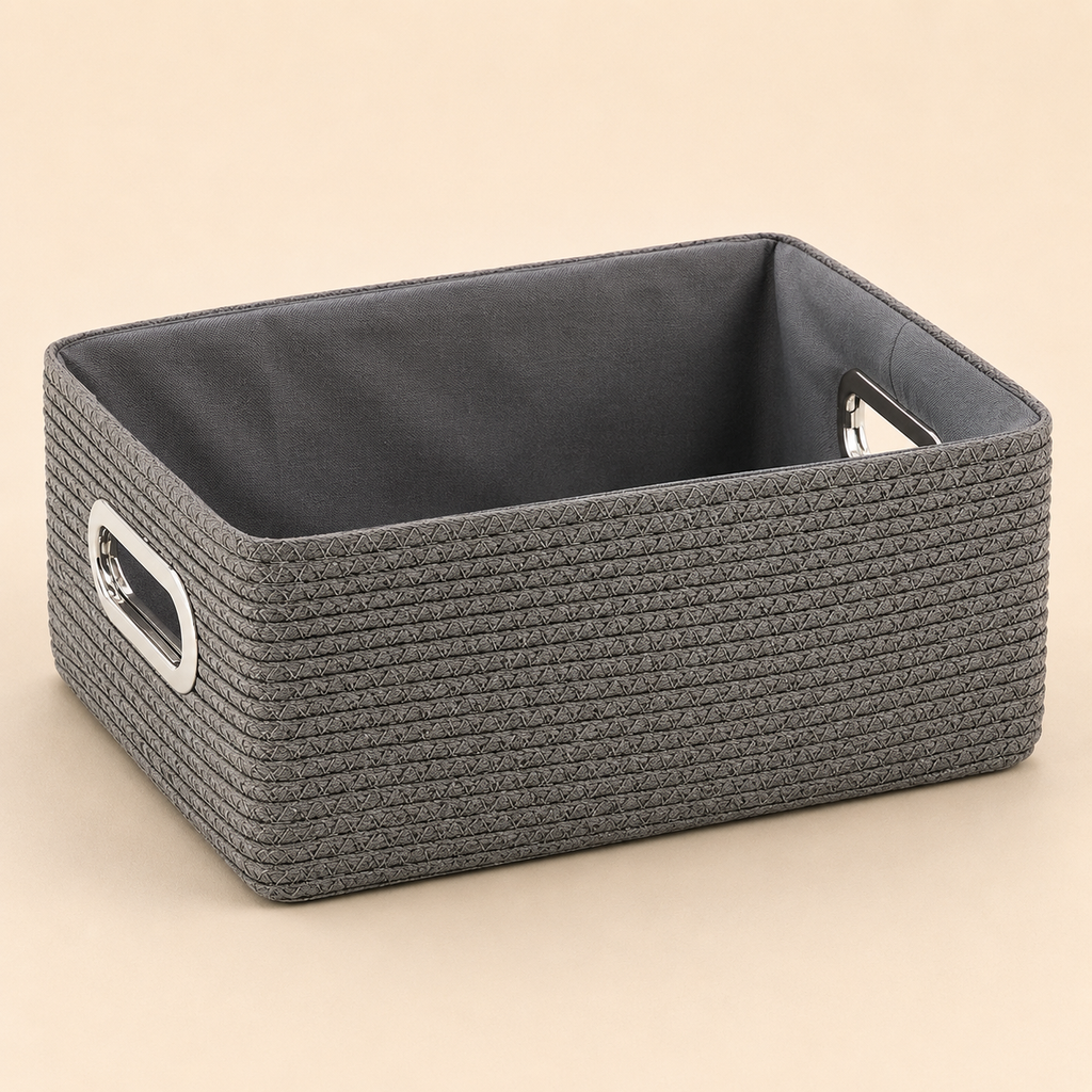 Cestino Portaoggetti Grigio con Manici – 31 x 23 x H 14 cm