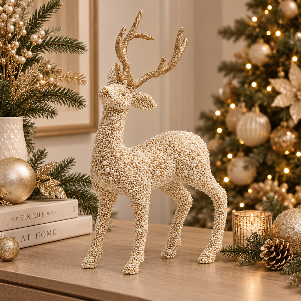 Renna Decorativa Perline Avorio e Oro - EDG