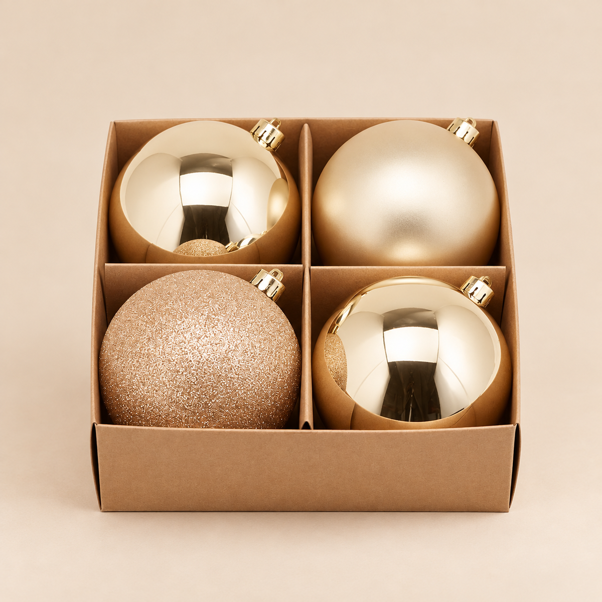 Set 4 sfere di Natale in PVC Champagne Oro Lucido, Opaco e Glitterato – Ø 10 cm