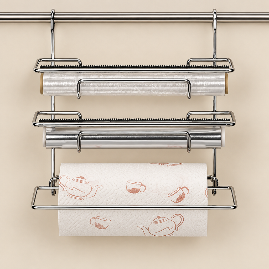 Dispenser Portarotoli da Cucina in Metallo Cromato 36 x 19 x H33 cm