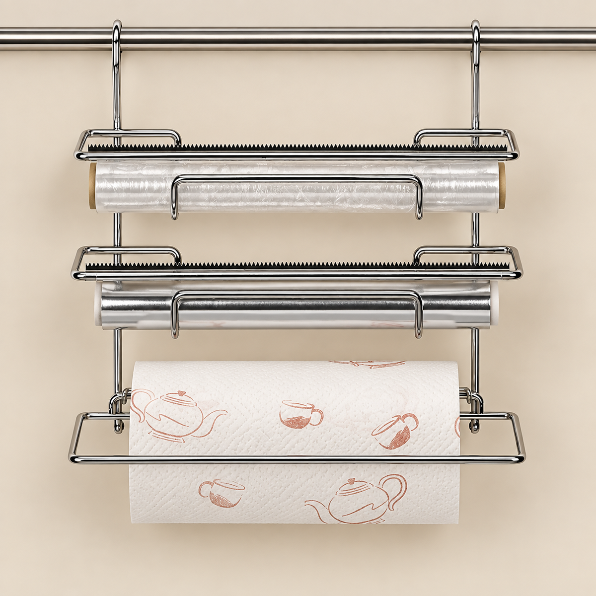 Dispenser Portarotoli da Cucina in Metallo Cromato 36 x 19 x H33 cm