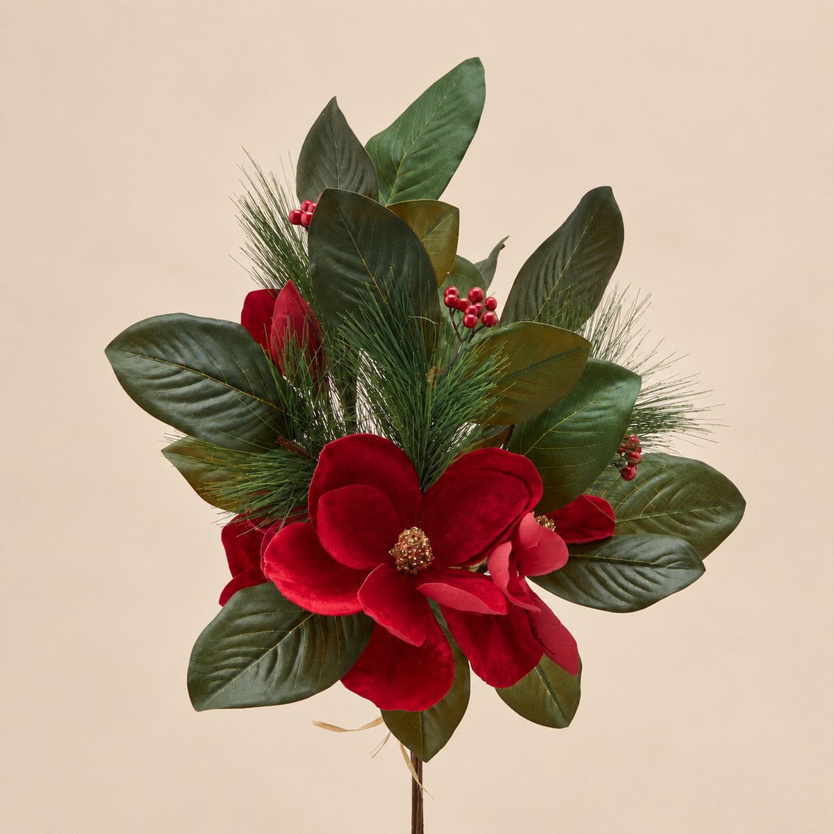 Ramo Magnolia Natalizio Rosso con Bacche e Foliage h.75cm