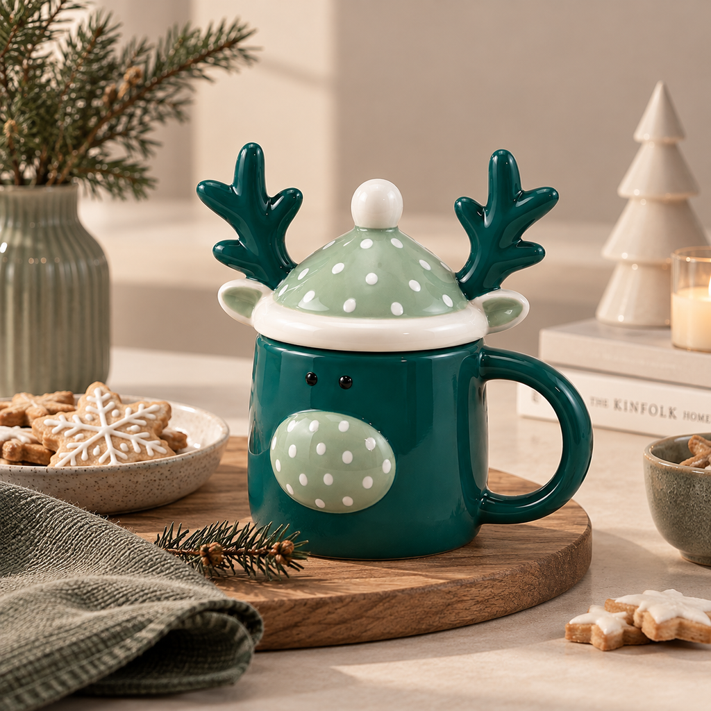 Tazza Natalizia EDG in Ceramica con Coperchio a Forma di Renna