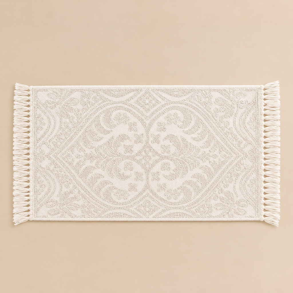 Tappeto Bagno Jacquard Bianco in Cotone con Motivi Ornamentali e Frange 50 x 110 cm – Blanc Mariclò Bagno in Villa
