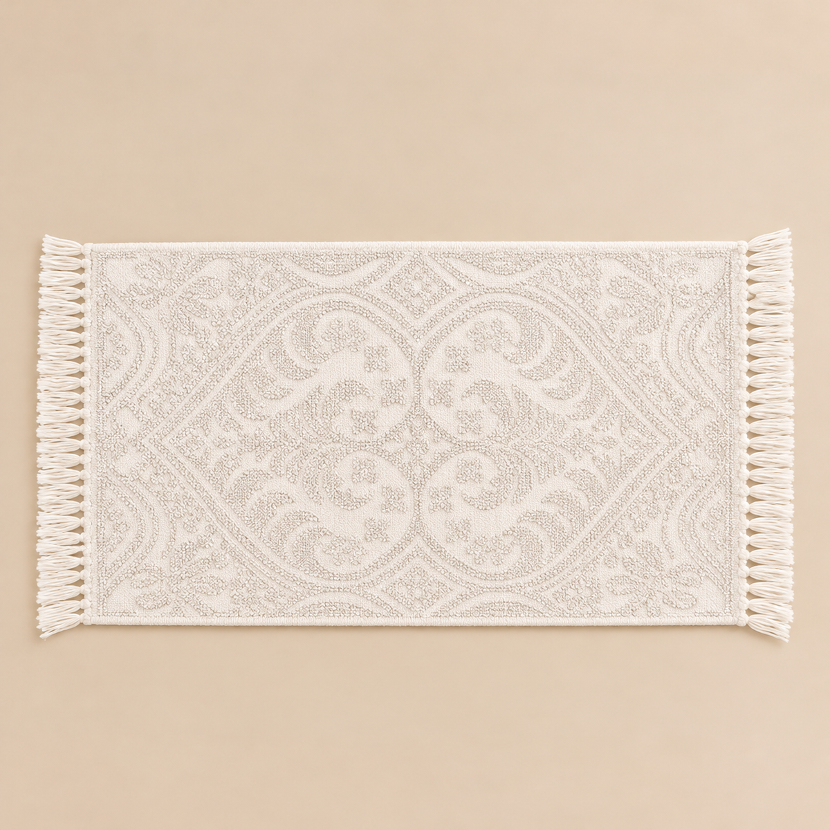 Tappeto Bagno Jacquard Bianco in Cotone con Motivi Ornamentali e Frange 50 x 110 cm – Blanc Mariclò Bagno in Villa