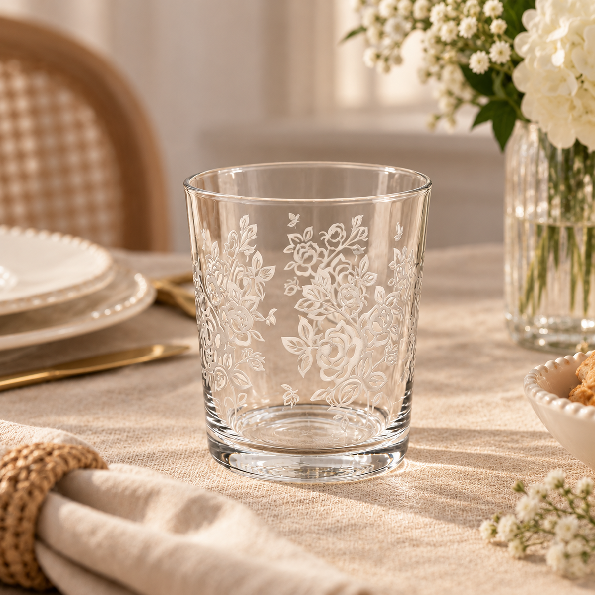 Set 6 Bicchieri Acqua in Vetro Trasparente con Decoro Floreale Bianco – Ø 8 x H 8,5 cm