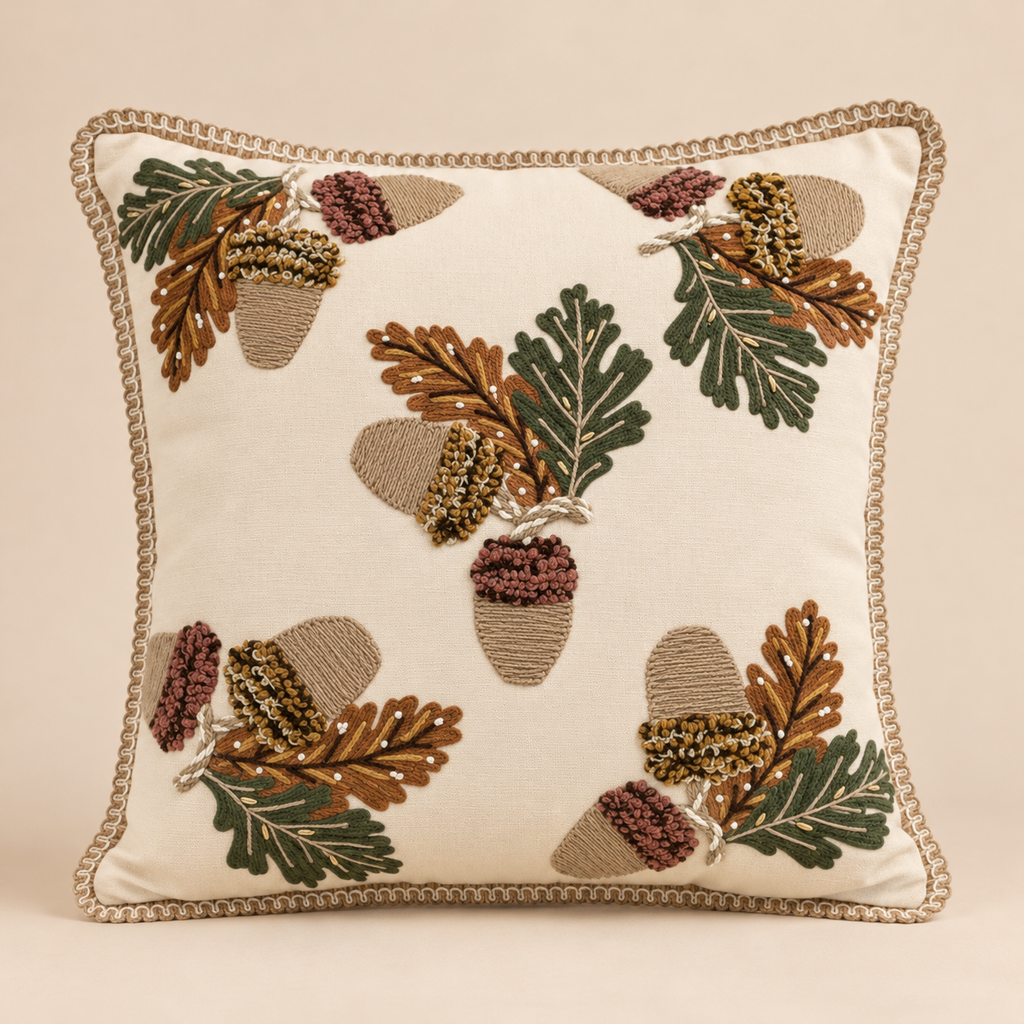 Cuscino Decorativo Ricamato Beige con Ghiande e Foglie di Quercia in Rilievo 45 x 45 cm – Blanc Mariclò
