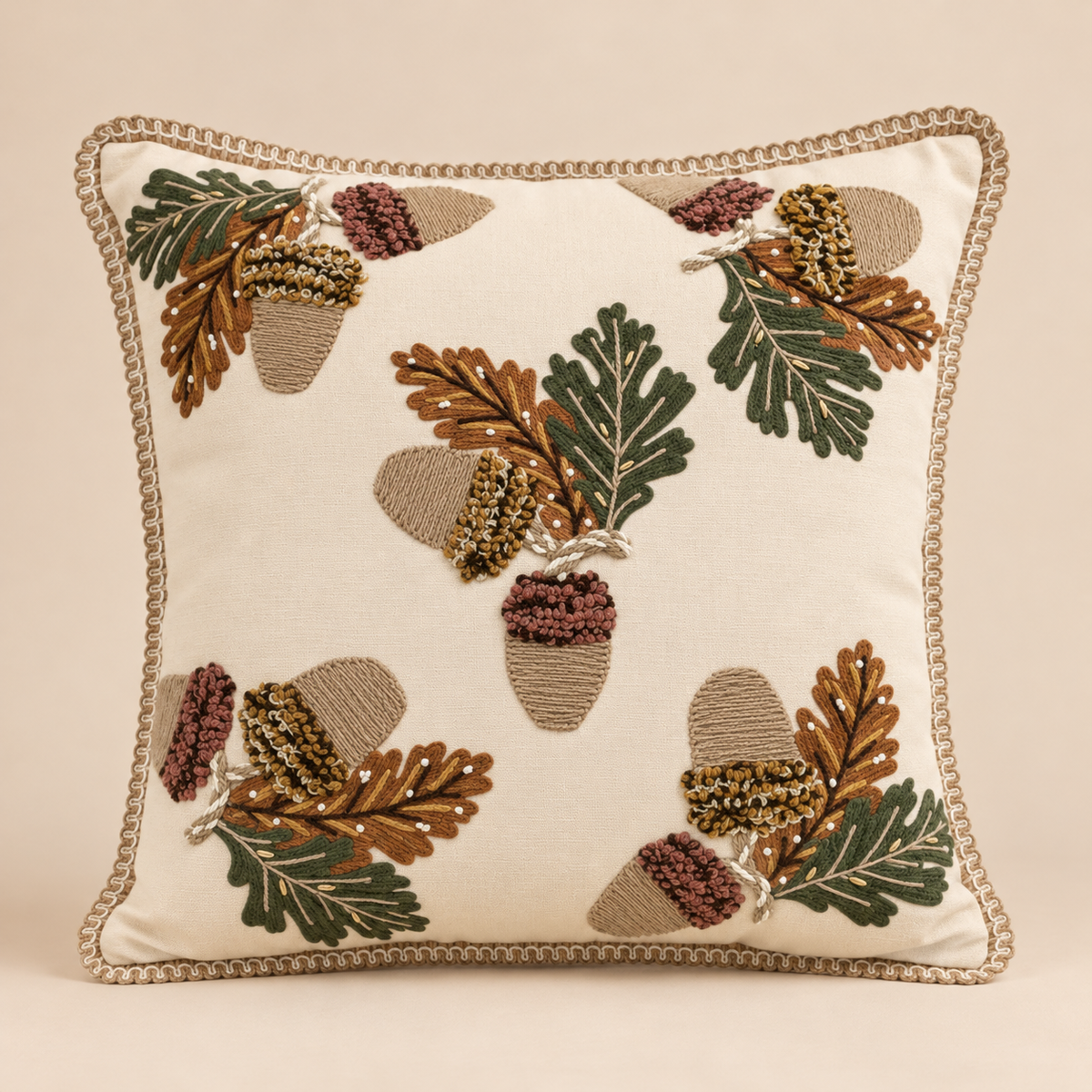 Cuscino Decorativo Ricamato Beige con Ghiande e Foglie di Quercia in Rilievo 45 x 45 cm – Blanc Mariclò