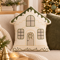 Cuscino Natalizio a Forma di Casetta di Pan di Zenzero Sweet Home in Cotone Avorio con Ricami Verdi – 45x42 cm